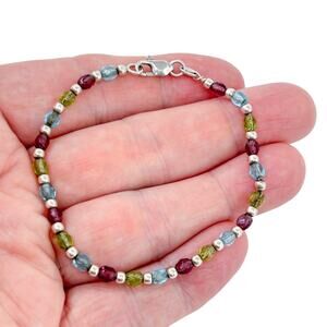 Estate Sterling Silver 925 Multi Gemstone Beaded Bracelet 7.5"